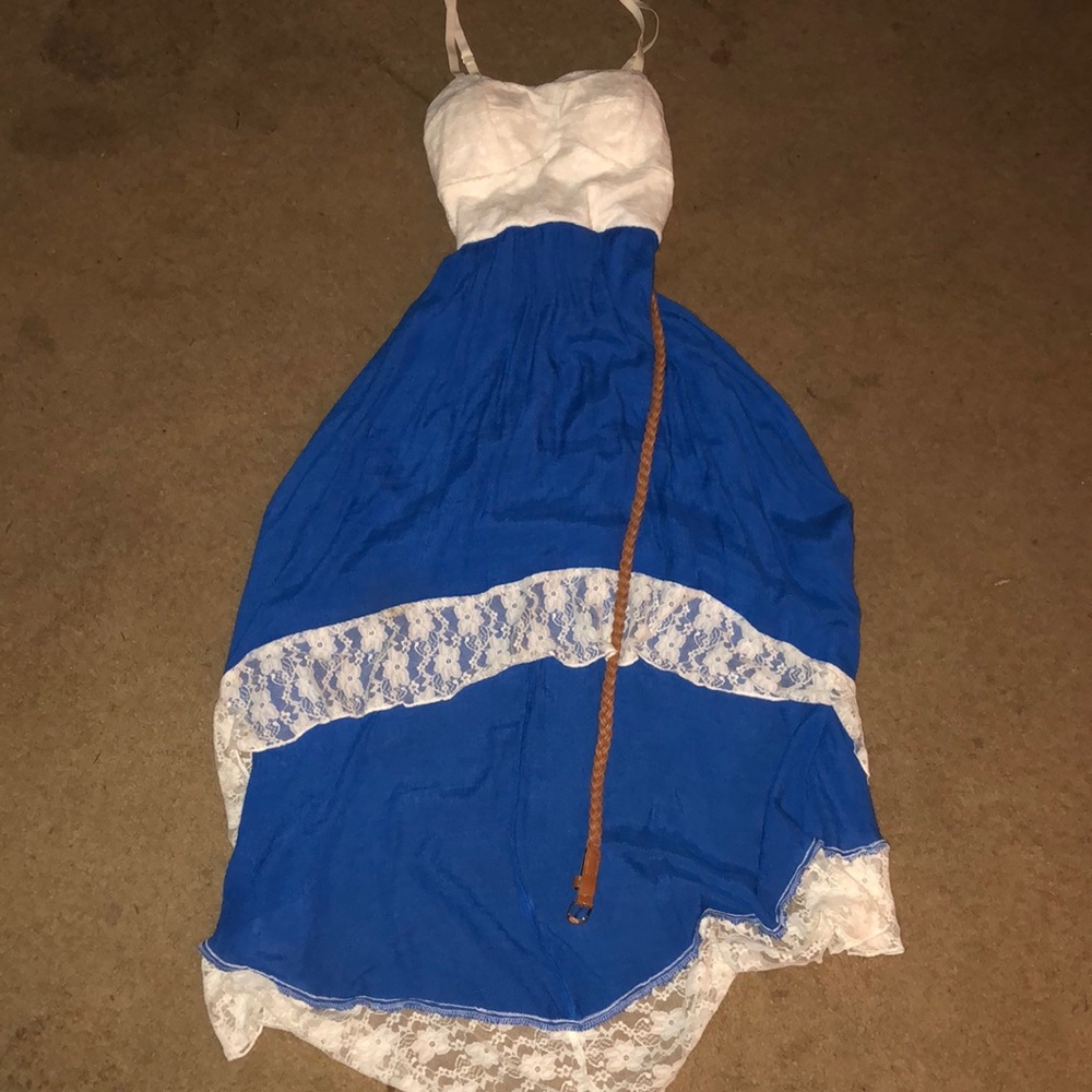 White And Blue Spaghetti Strap Dress w/ Brown Belt